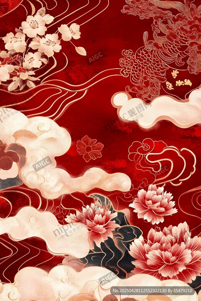 中式红底花卉云纹传统图案