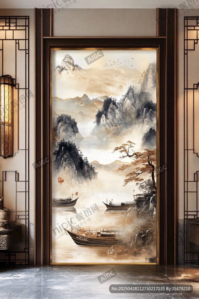 中式山水玄关壁画意境美