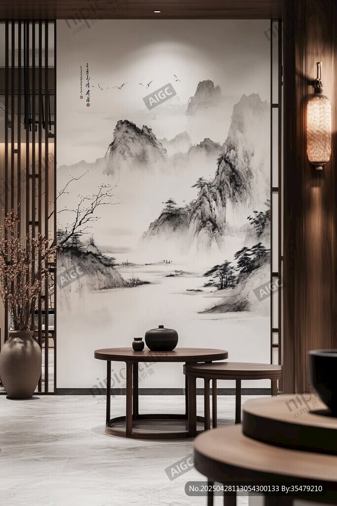 中式茶室水墨山水意境美