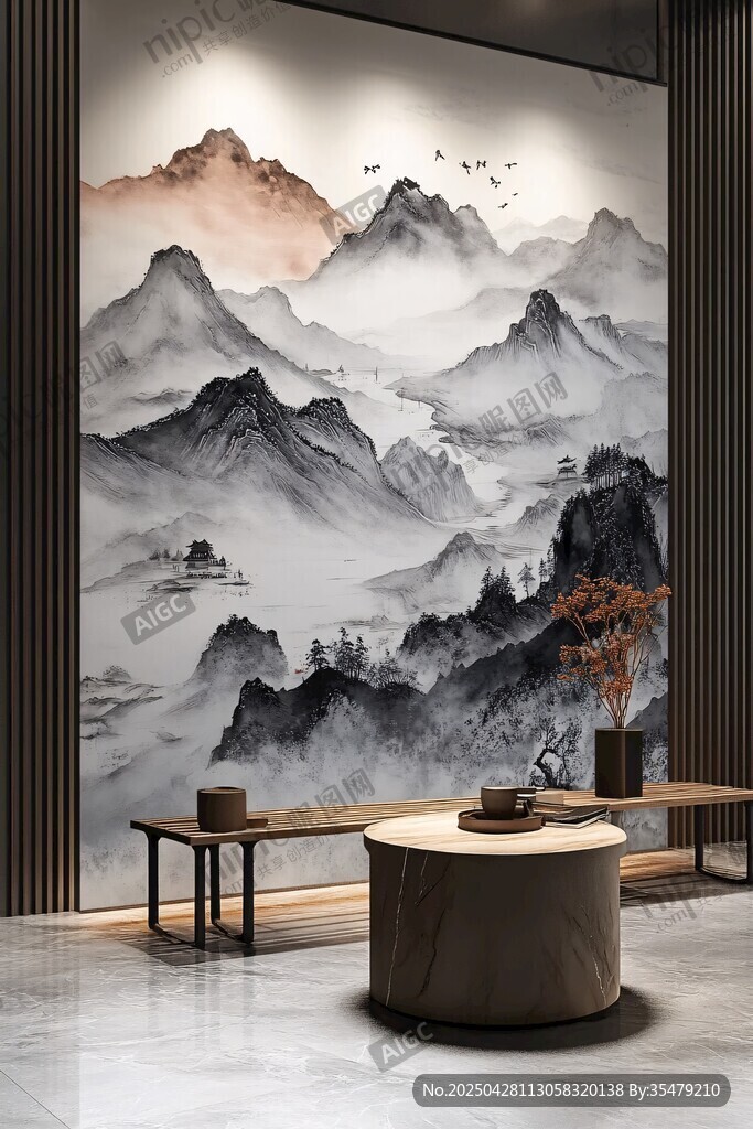中式山水风客厅背景墙