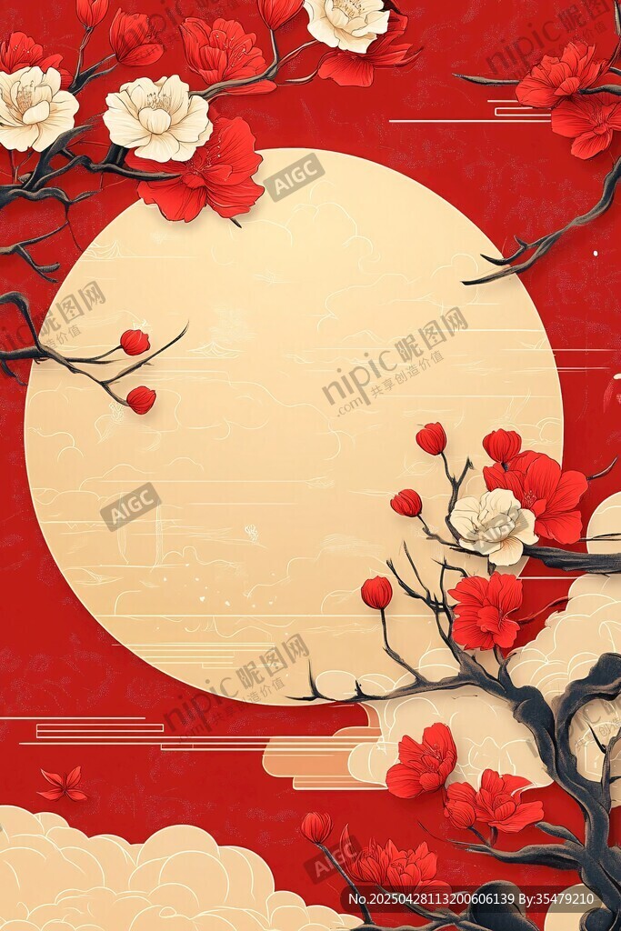 中式红梅圆月喜庆背景图