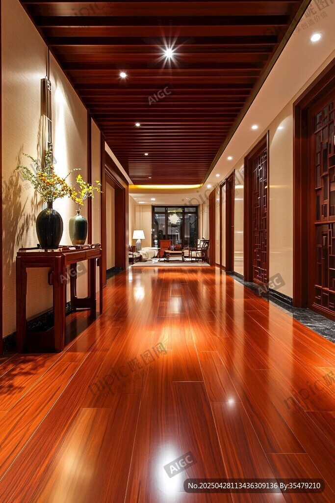中式典雅木质走廊室内景