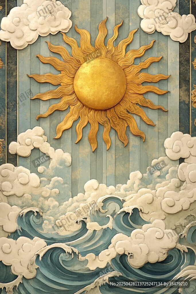 金色太阳与云海波浪浮雕