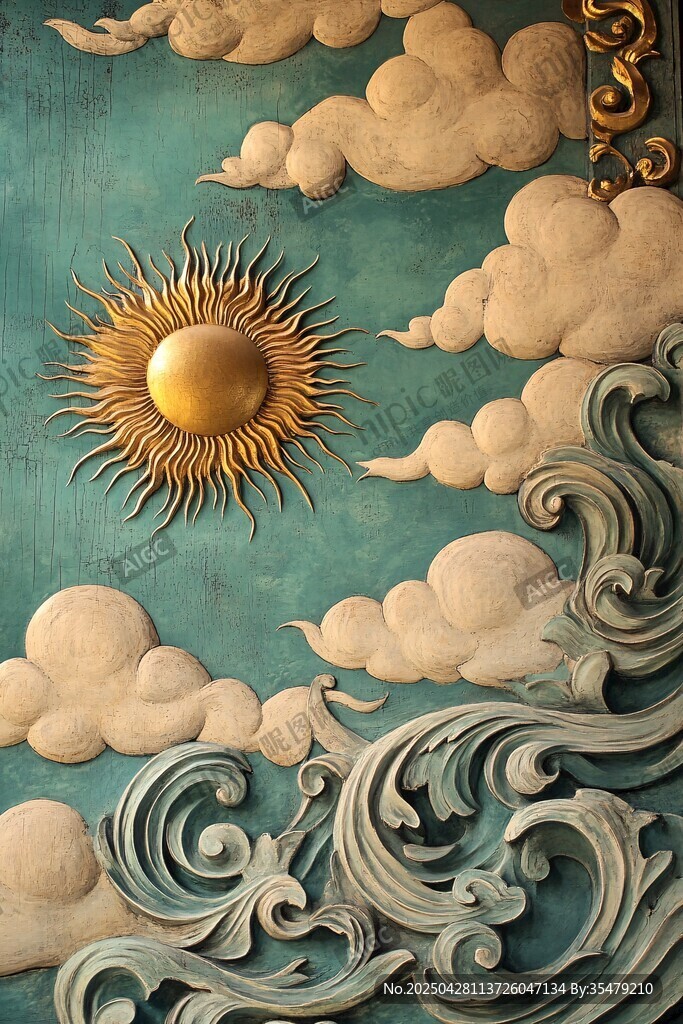 浮雕风格的太阳云海图案