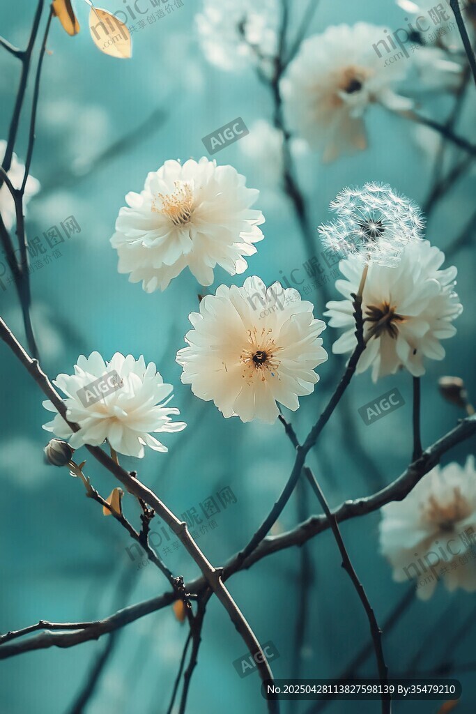 梦幻白花绽放于幽蓝背景