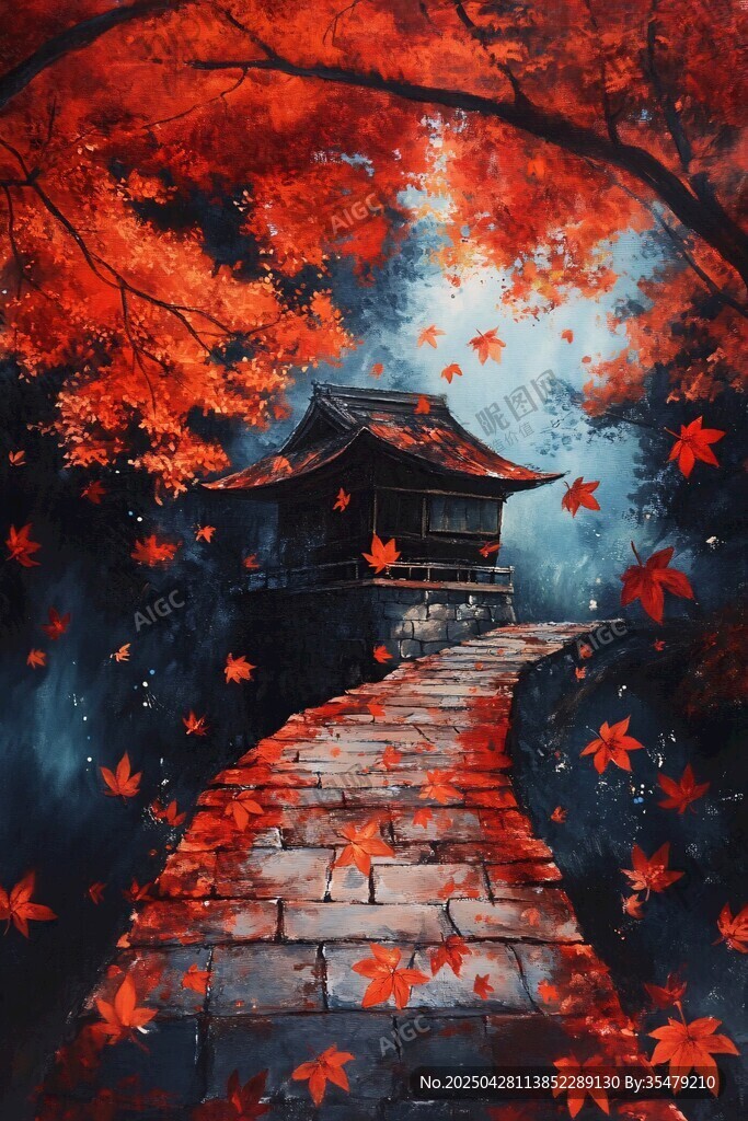 红叶古亭幽径的梦幻之景