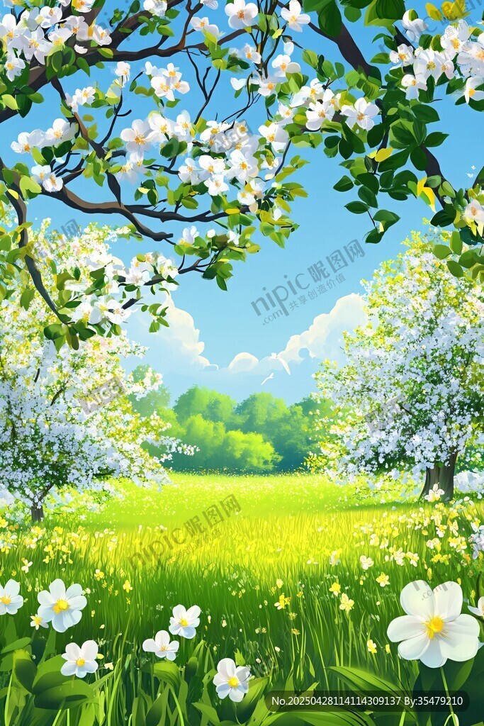 春日繁花绿野风景图