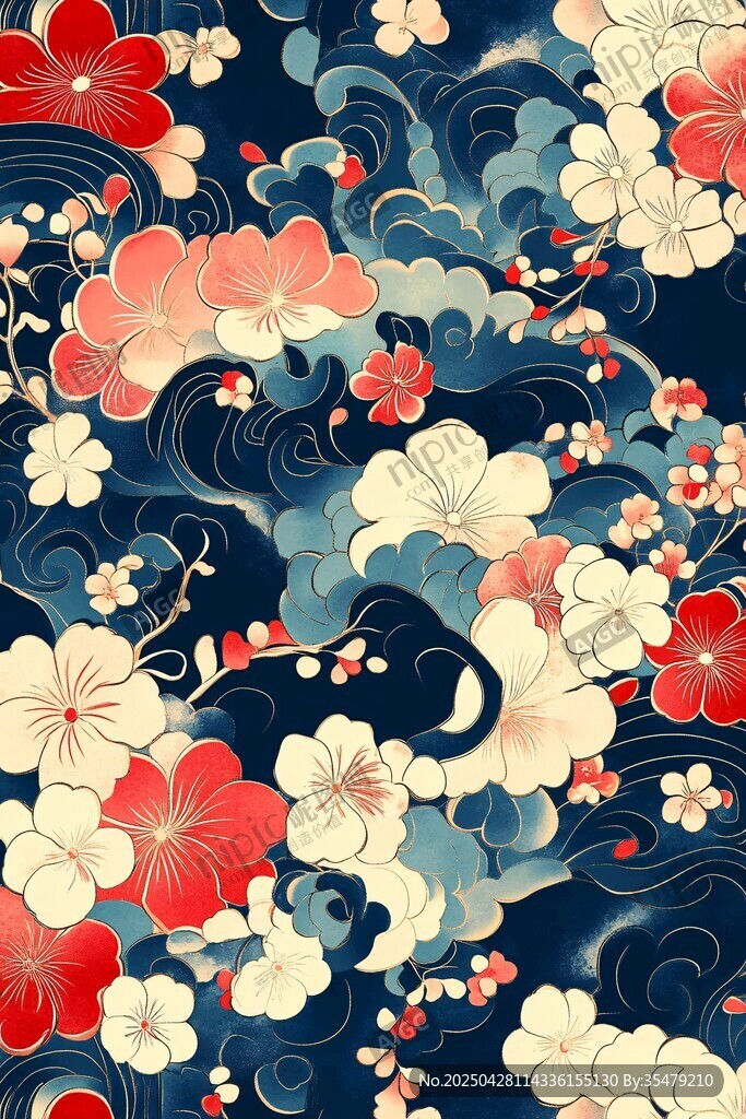 日式花卉海浪图案锦绘