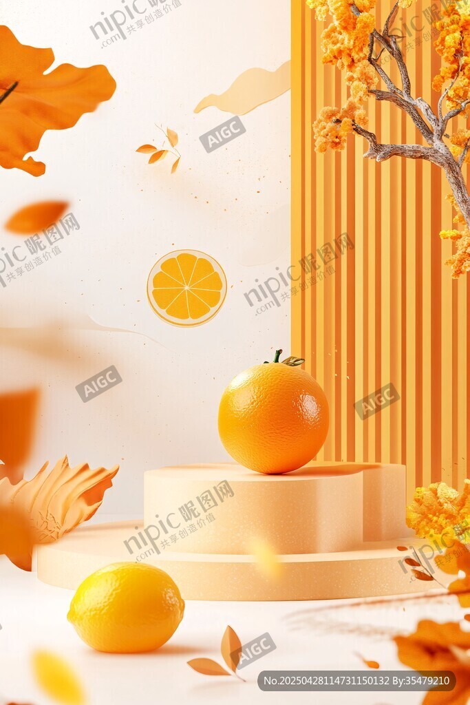 秋日橘景 清新水果与落叶