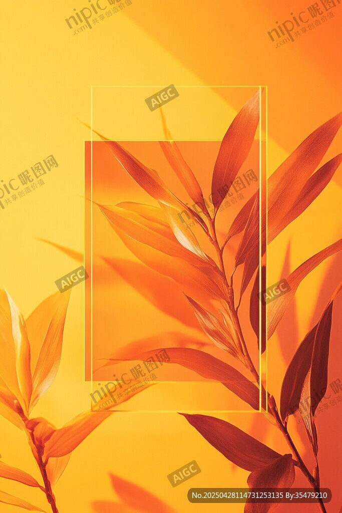橙黄背景下的优雅植物叶片