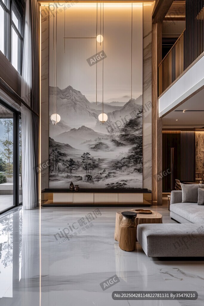 中式客厅山水壁画优雅空间