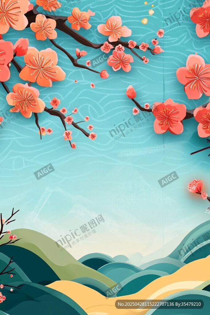 春日繁花山峦清新插画