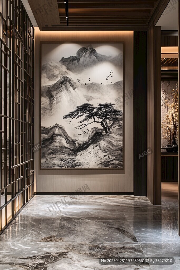 中式玄关山水墨画装饰