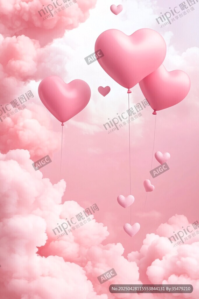梦幻粉色心形气球飘于云端