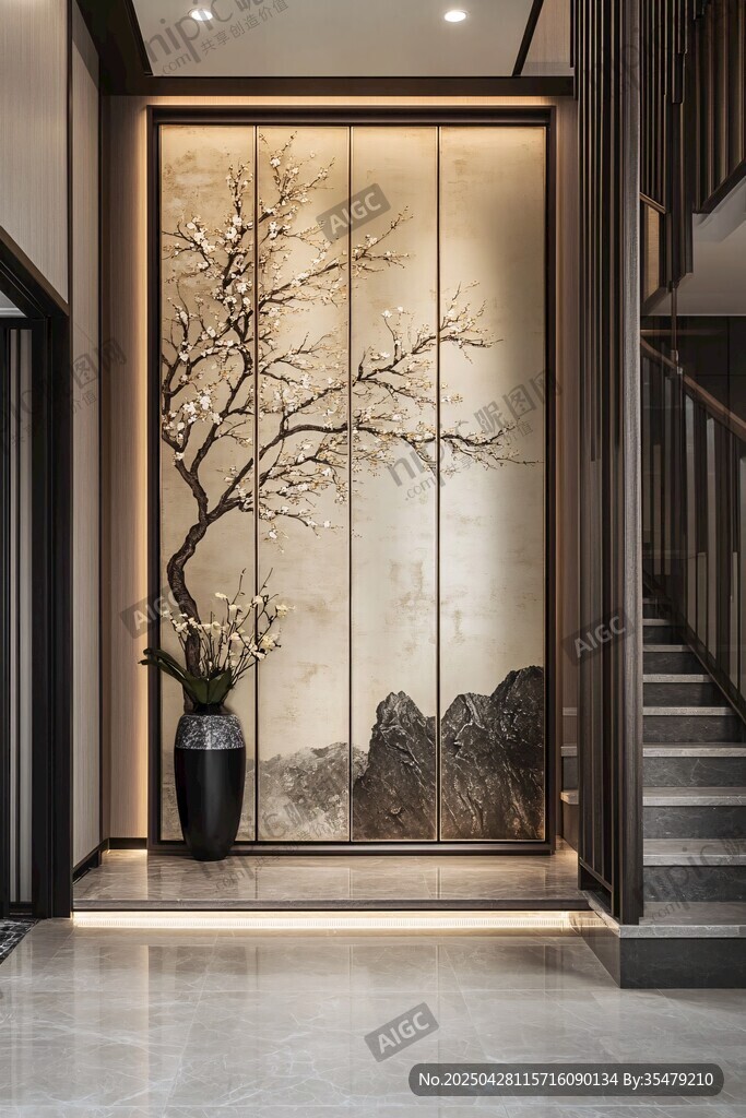 中式玄关 雅致花卉山水屏风