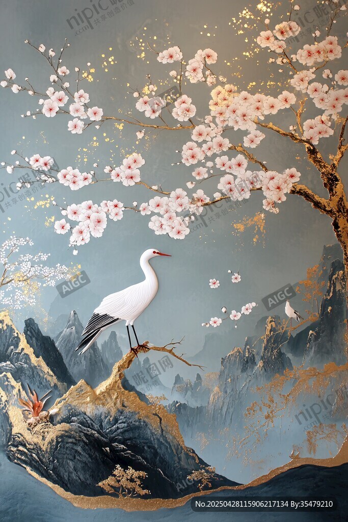 鹤立繁花山水间