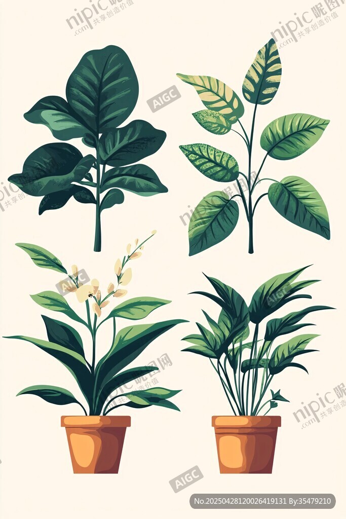 四盆绿植插画展示