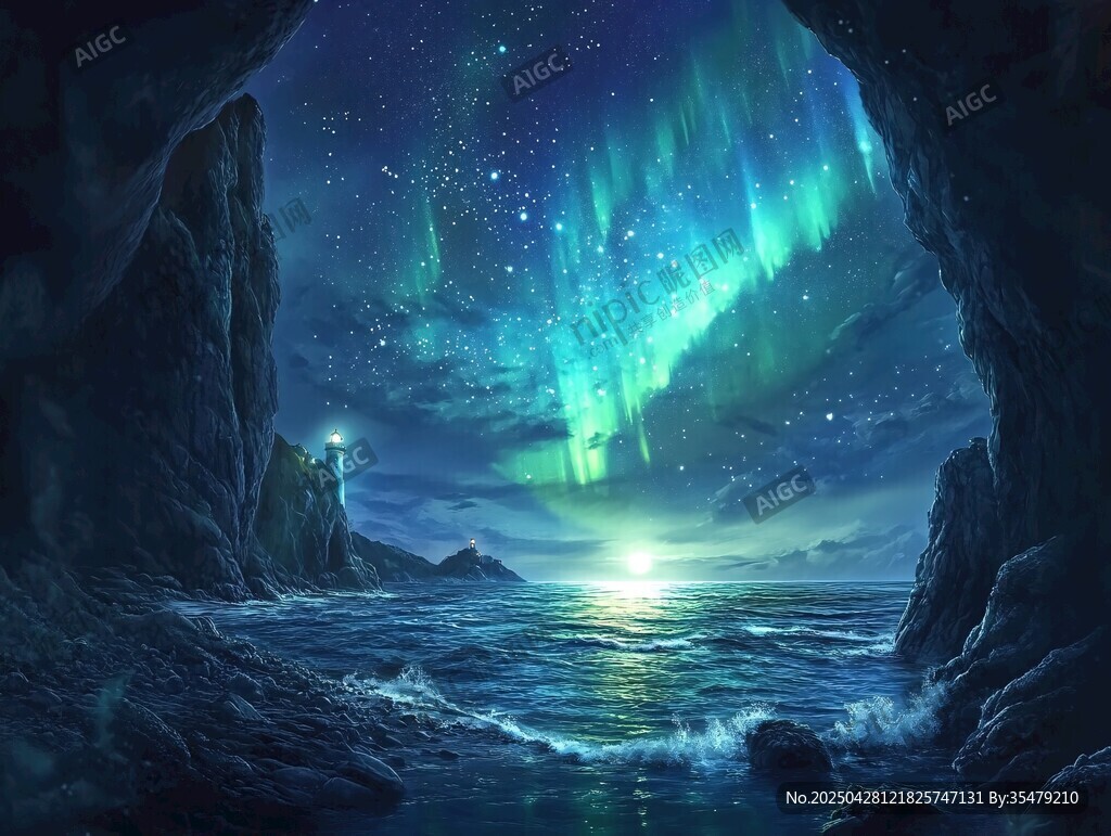 洞穴外的极光海洋美景