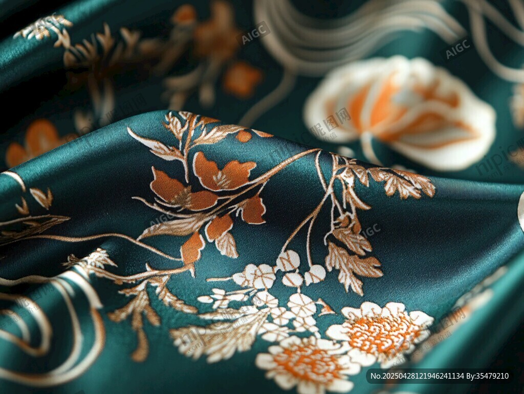 翠底繁花丝绸布料纹理