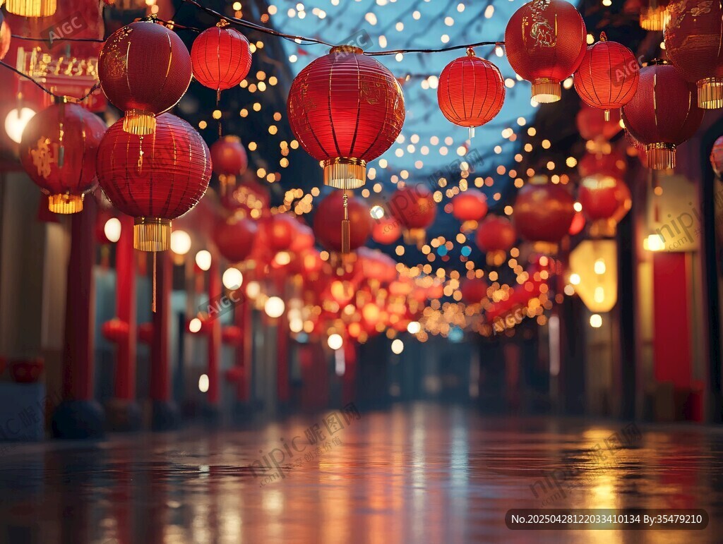 红灯笼装点的梦幻古风街道