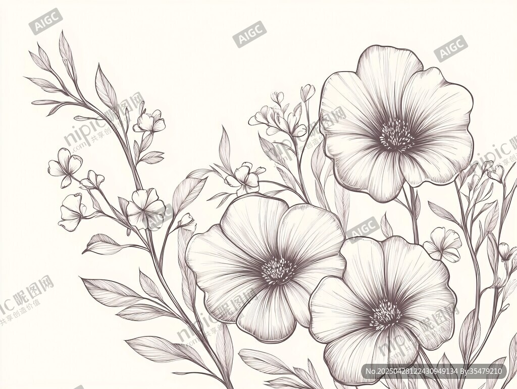 手绘花卉植物线条插画