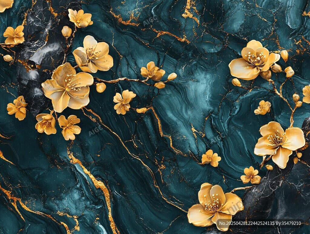 蓝绿底金色花卉精美图案
