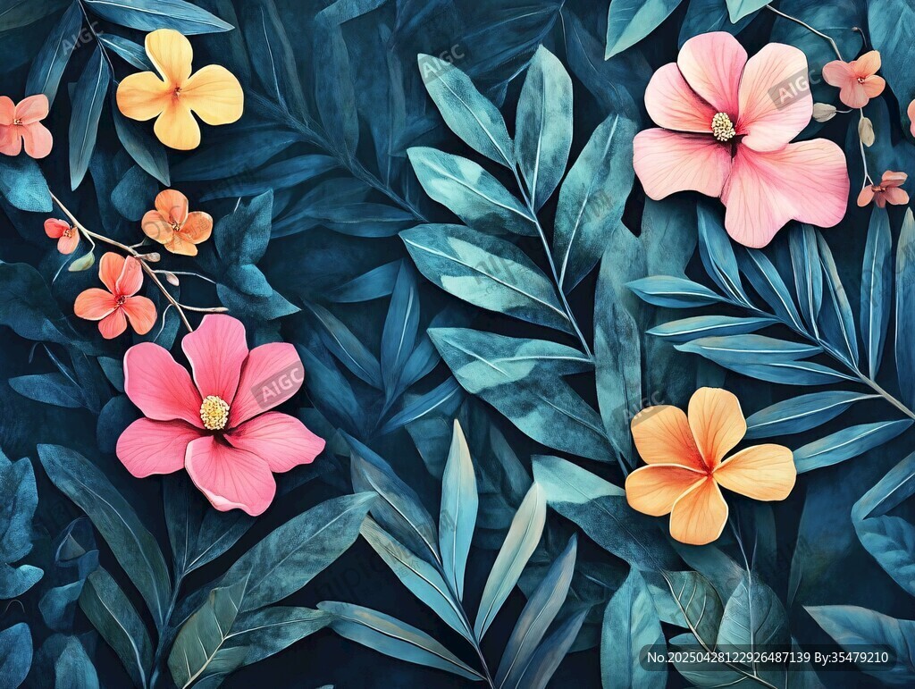 热带花卉与绿叶精美图案