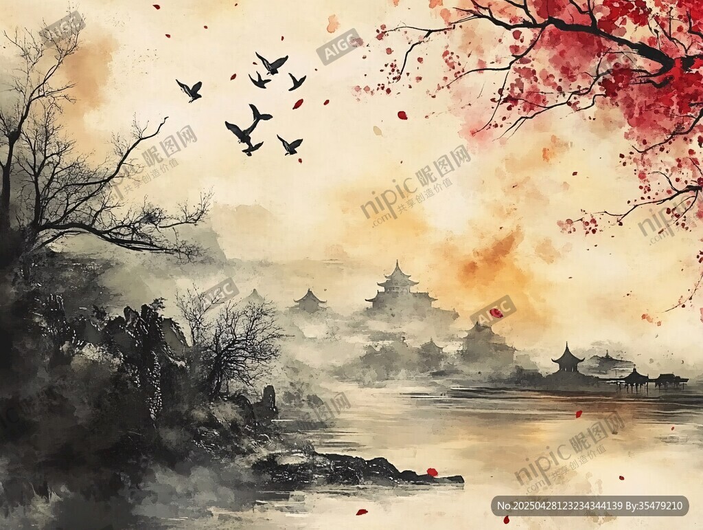 水墨秋景飞鸟与红枫