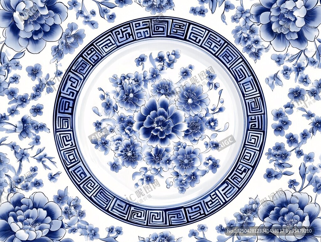 青花瓷盘上的繁花图案