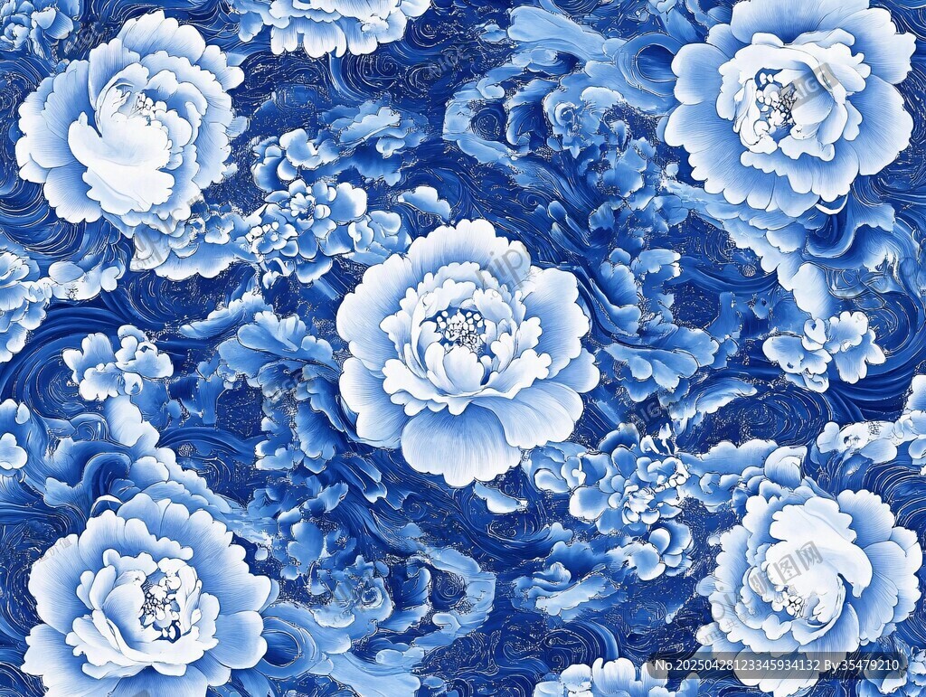 蓝白牡丹海浪国风图案