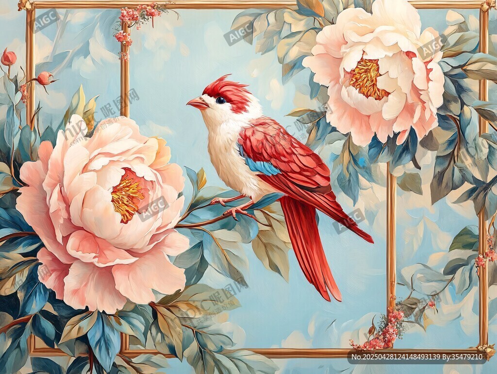 花鸟图 红羽鸟栖于粉牡丹旁
