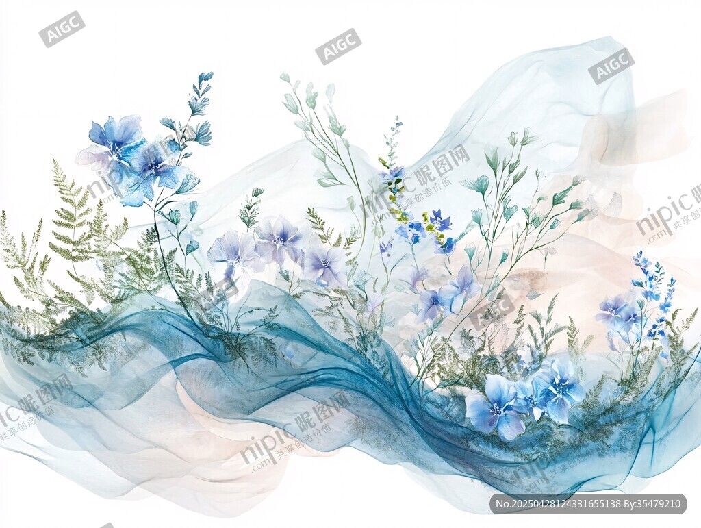蓝调梦幻花卉水彩画意境