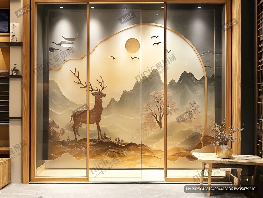 中式山水鹿景玻璃门装饰