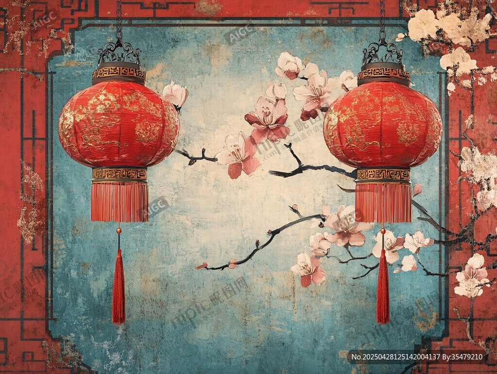 中式古风 灯笼与绽放花枝