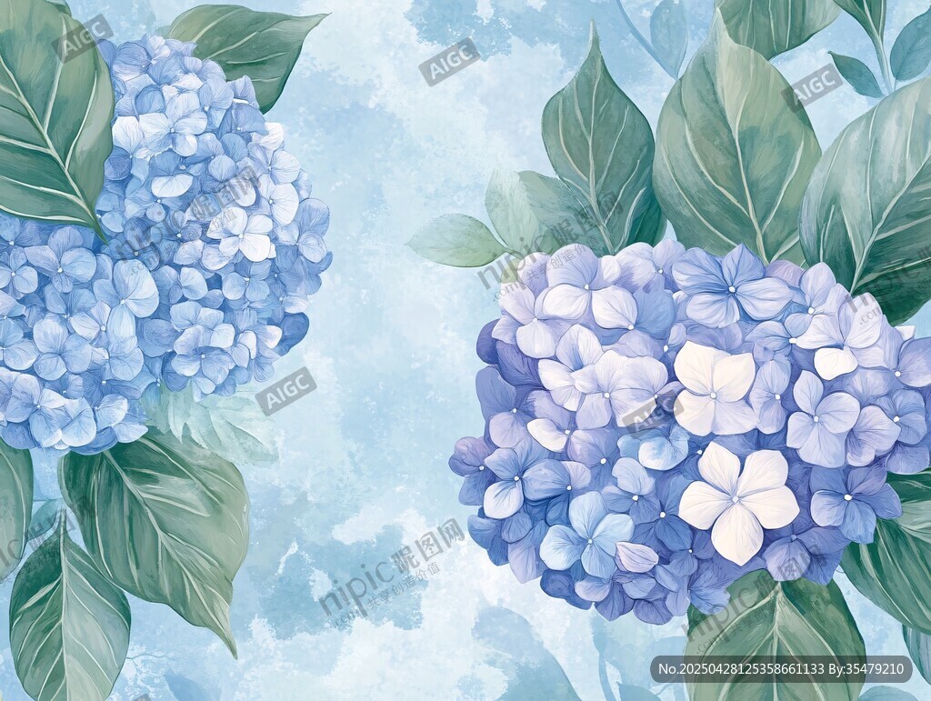 蓝紫色绣球花与绿叶插画