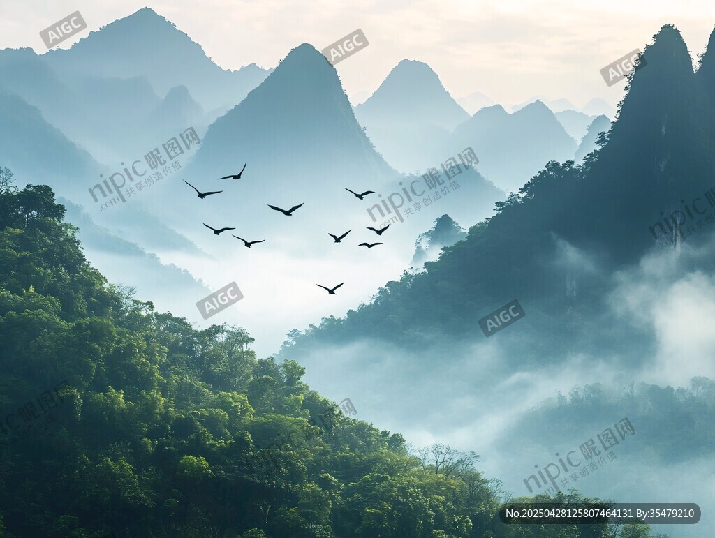 山间飞鸟伴云雾缭绕美景