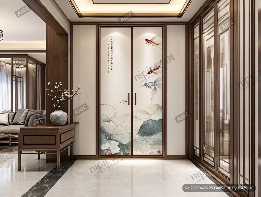 中式雅致玄关 灵动锦鲤移门