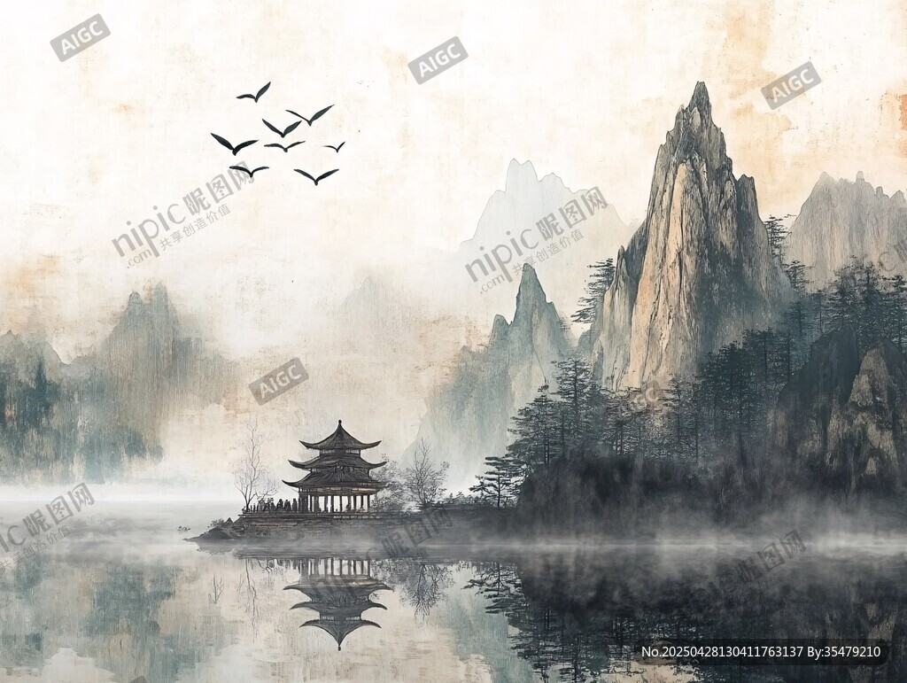 水墨山水间飞鸟绕亭景