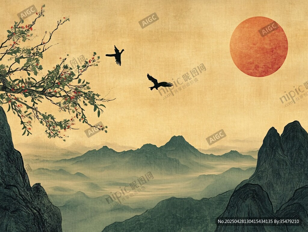 夕阳飞鸟映山峦