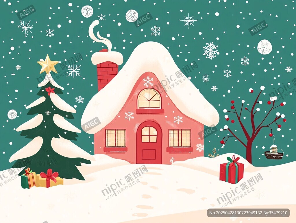 冬日温馨雪景中的童话小屋