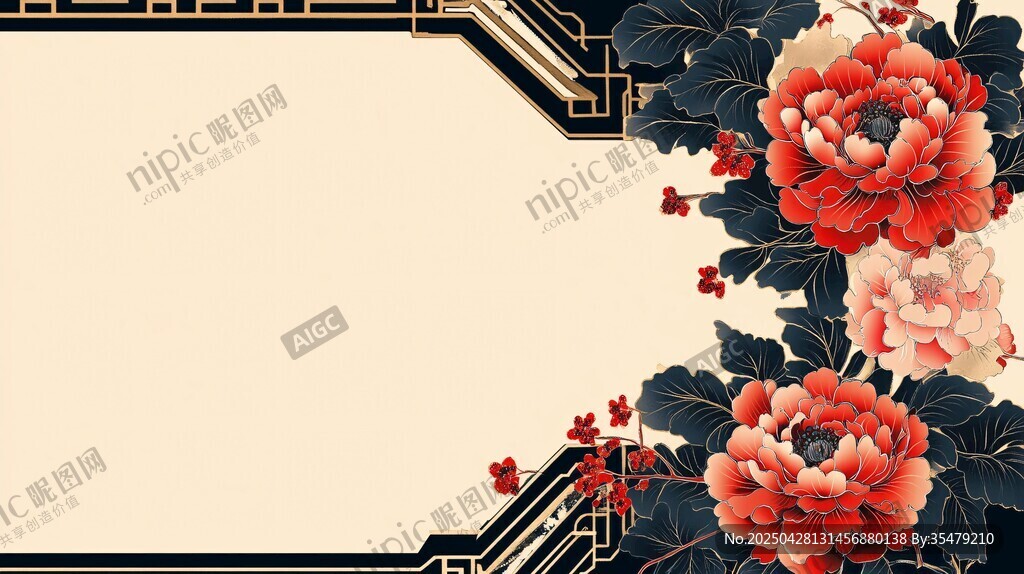 中式牡丹边框背景图