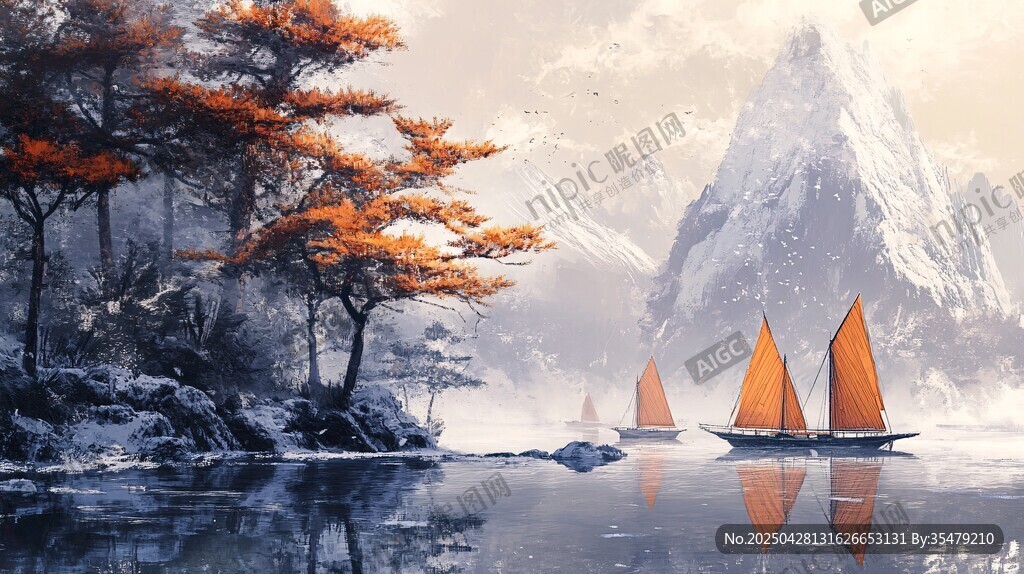 秋景山水间的帆船之旅