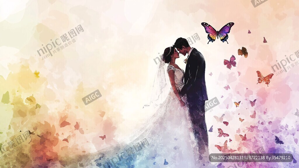 梦幻中拥吻的浪漫新婚夫妇