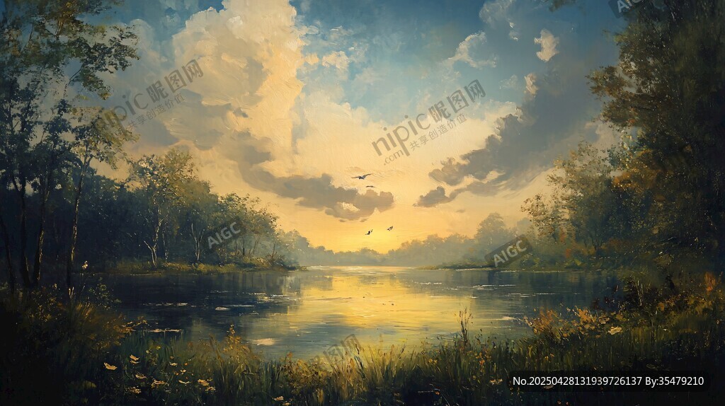 黄昏湖畔森林诗意美景