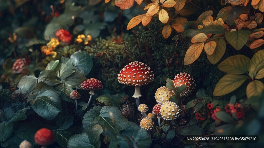 森林中的多彩蘑菇景观