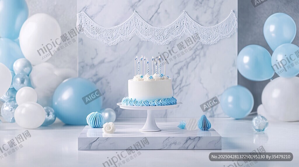 蓝白色系清新生日派对场景