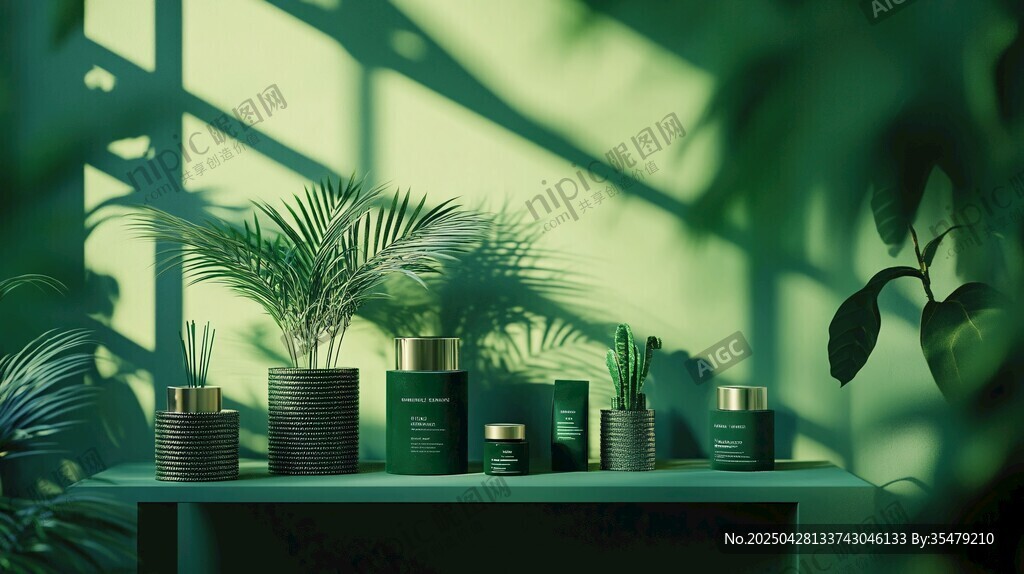 绿植环绕的精致护肤品陈列