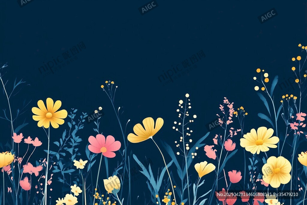 深蓝色底缤纷花卉插画