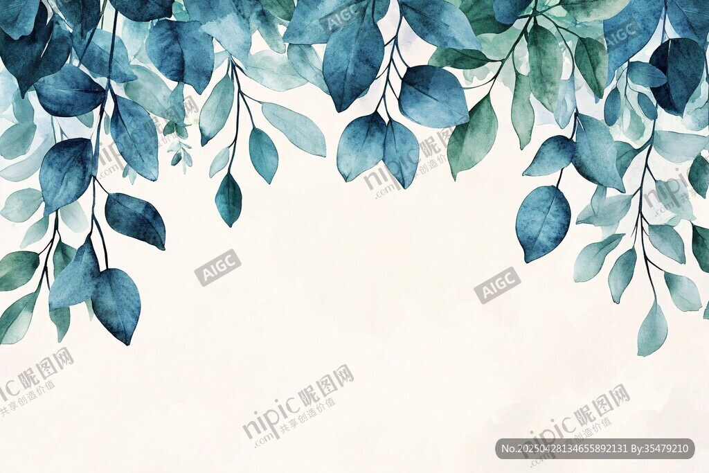 蓝绿枝叶水彩风装饰图