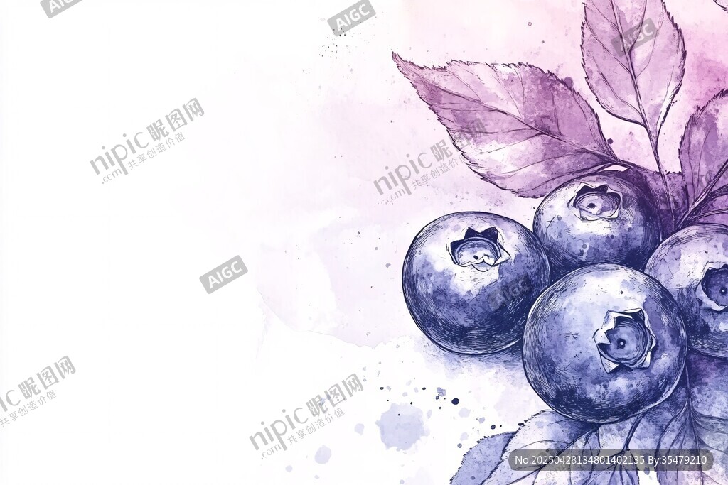 水彩绘蓝莓与叶片